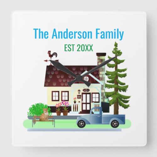 New Home with Family Name Square Wall Clock