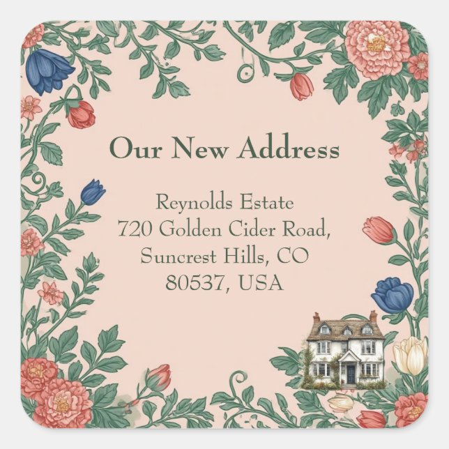 New House Address William Morris Inspired Greenery Square Sticker (Front)