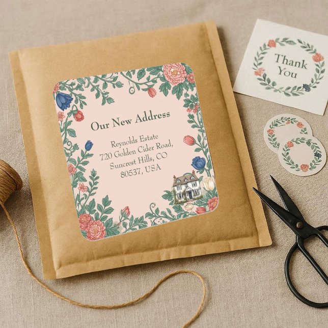 New House Address William Morris Inspired Greenery Square Sticker (New House Address William Morris Inspired Greenery Square Sticker)