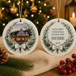 New House Christmas Photo Wreath Bow Ceramic Ornament