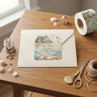 New House Seaside Cottage Corals Starfish Coastal Square Sticker