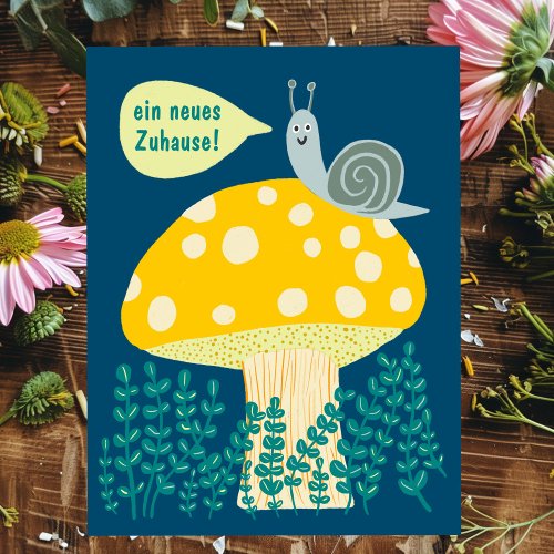 New house snail on magical mushroom postcard