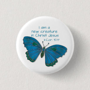 New in Jesus 2 Corinthians 5:17 Blue Butterfly Button