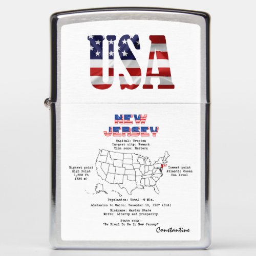 New Jersey American state on a map and useful info Zippo Lighter