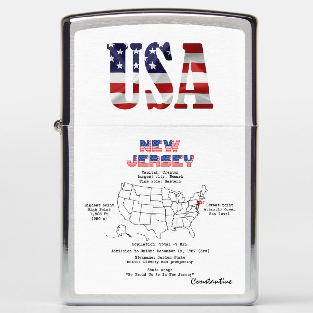 New Jersey American state on a map and useful info Zippo Lighter (Front)