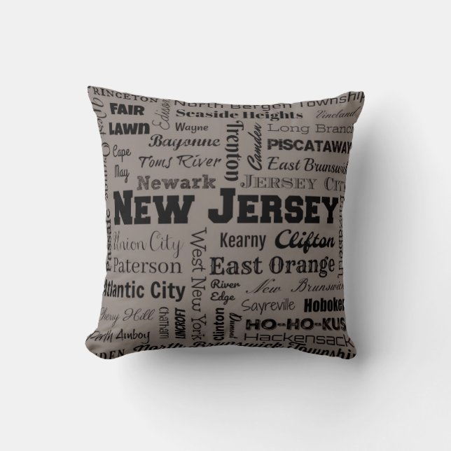 New Jersey Cities Typography throw pillow in gray (Front)