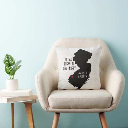 New Jersey GPS Coordinates with Heart Throw Pillow
