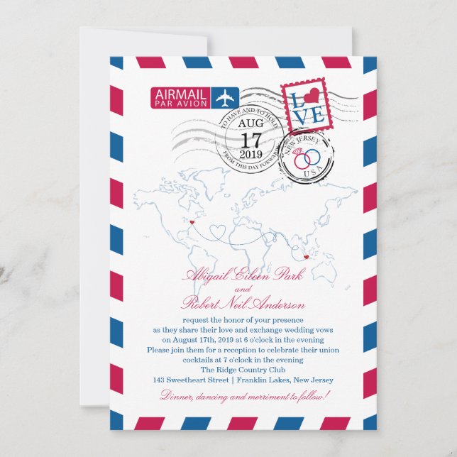 New Jersey & Indonesia Airmail Wedding Invitation (Front)