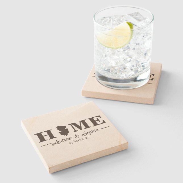 New Jersey Map Housewarming Couple Name Gray Text Stone Coaster (Side)