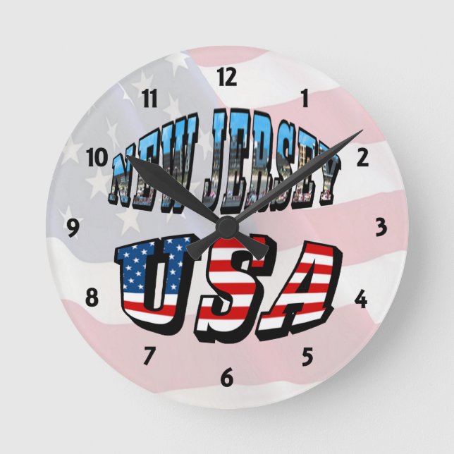 New Jersey Picture and USA Flag Text Round Clock (Front)