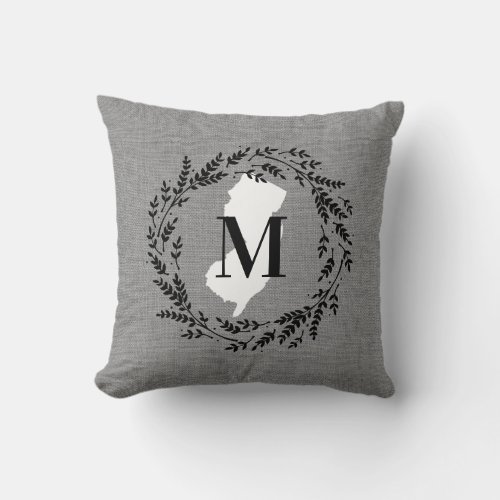 New Jersey Rustic Wreath Monogram Throw Pillow