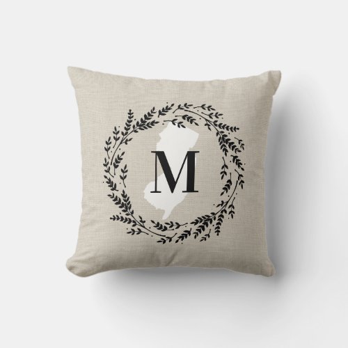 New Jersey Rustic Wreath Monogram Throw Pillow