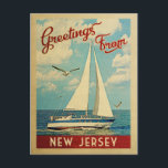 New Jersey Sailboat Vintage Travel Postcard<br><div class="desc">This Greetings From New Jersey vintage travel nautical design features a boat sailing on the water with seagulls and a blue sky filled with gorgeous puffy white clouds.</div>