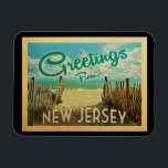 New Jersey Shore Beach Vintage Travel Magnet<br><div class="desc">This Greetings From New Jersey vintage postcard design features a sandy beach with a beautiful turquoise ocean water and above the sea,  a blue sky with billowy white clouds. In vintage travels style.</div>