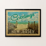 New Jersey Shore Jigsaw Puzzle Beach Vintage<br><div class="desc">This Greetings From New Jersey vintage postcard design features a sandy beach with a beautiful turquoise ocean water and above the sea,  a blue sky with billowy white clouds. In vintage travels style.</div>