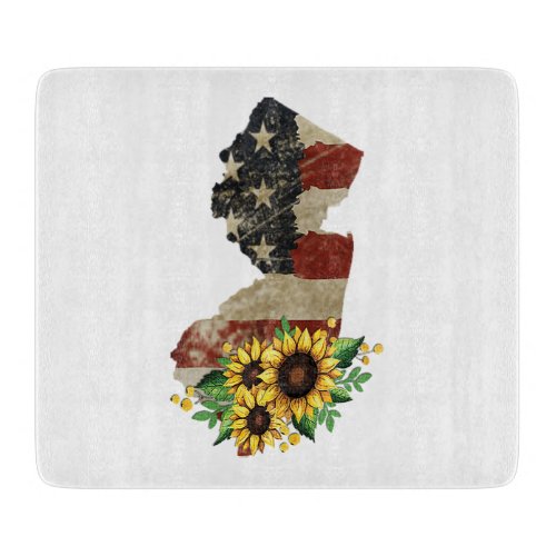 New Jersey State Map US Flag Sunflower Glass Cutting Board