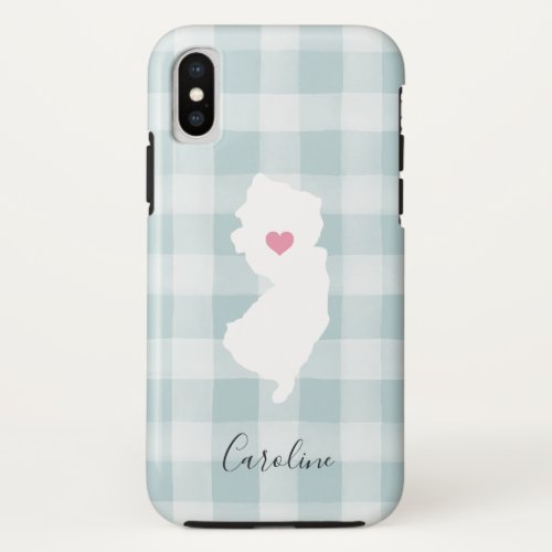 New Jersey State Silhouette Rustic Mint Plaid iPhone XS Case