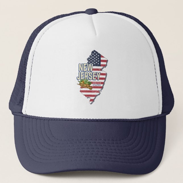 New Jersey United States Retro Map USA Souvenir Trucker Hat (Front)