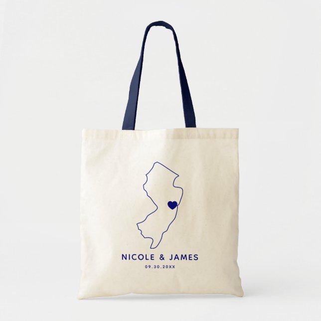 New Jersey Wedding Welcome Bag Map Tote, Navy (Front)