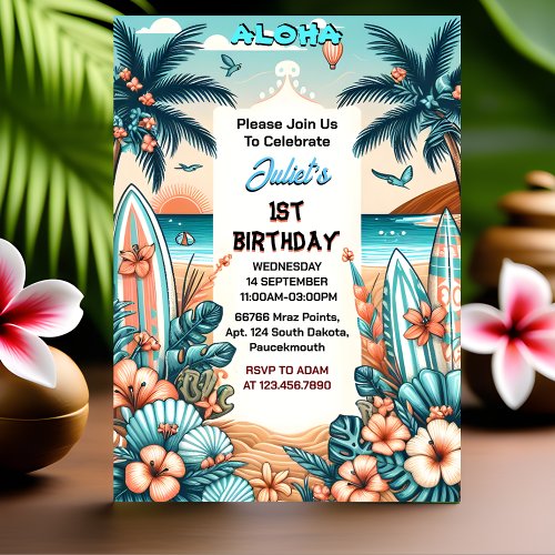 New Joy hula Luau Surf aloha hawaiian 1st birthday Invitation