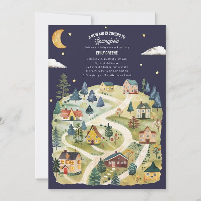 New Kid Hometown Watercolor Night Baby Shower Invitation (Front)