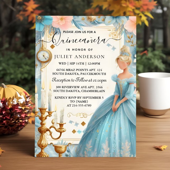 New Lamp Ivory Ice Sky Gold Light Blue Quinceanera Invitation (Creator Uploaded)