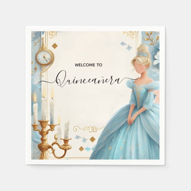 New Lamp Ivory Ice Sky Gold Light Blue Quinceanera Napkins (Front)