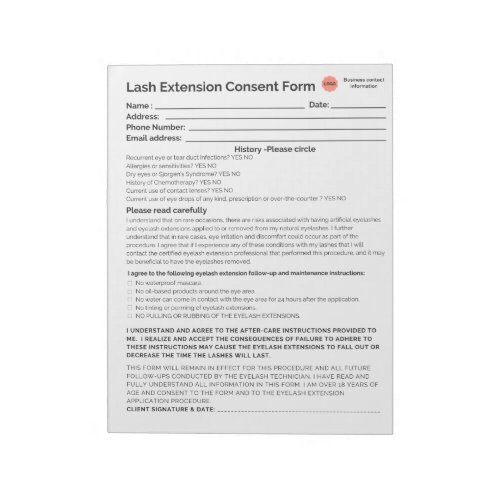 New Lash consent form notepad
