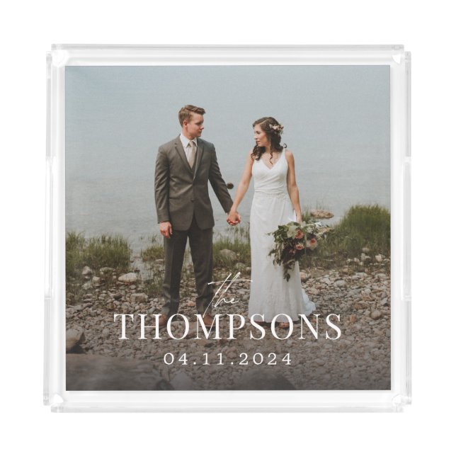 New Last Name Wedding Photo and Date Acrylic Tray (Front)