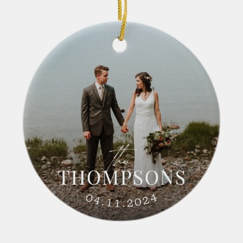 New Last Name Wedding Photo and Date Ceramic Ornament