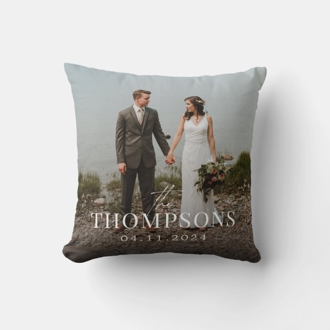 New Last Name Wedding Photo and Date Throw Pillow (Front)