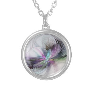 New Life, Colorful Abstract Fractal Art Fantasy Silver Plated Necklace
