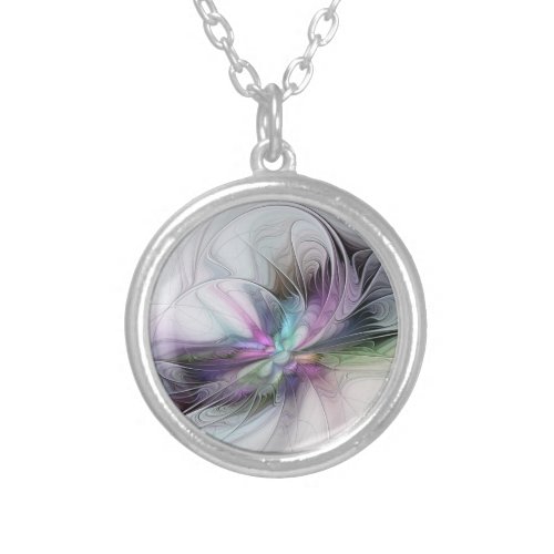 New Life Colorful Abstract Fractal Art Fantasy Silver Plated Necklace