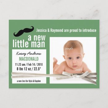 New Little Man Green Photo Birth Announcement by PartyHearty at Zazzle