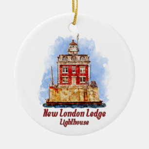 New London Ledge Lighthouse Watercolor Connecticut Ceramic Ornament