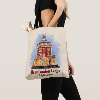 New London Ledge Lighthouse Watercolor Connecticut Tote Bag
