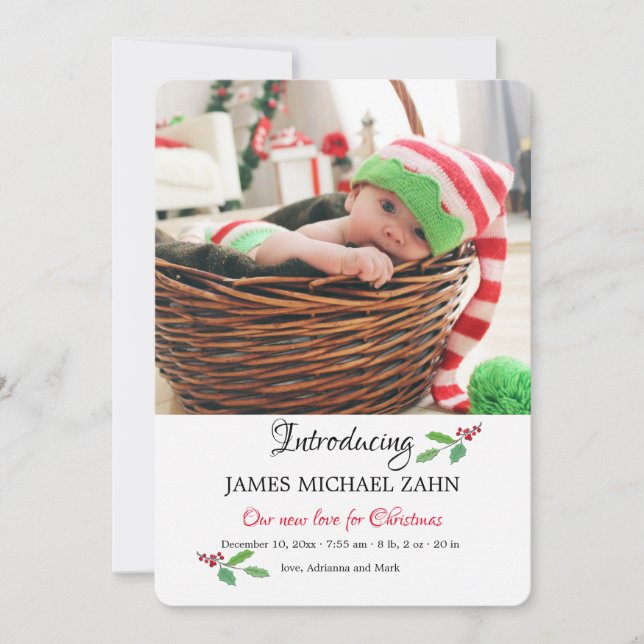 New Love for Christmas Photo Birth Announcement (Front)