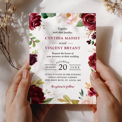 New Lovely Burgundy Blush Floral Modern Wedding Invitation