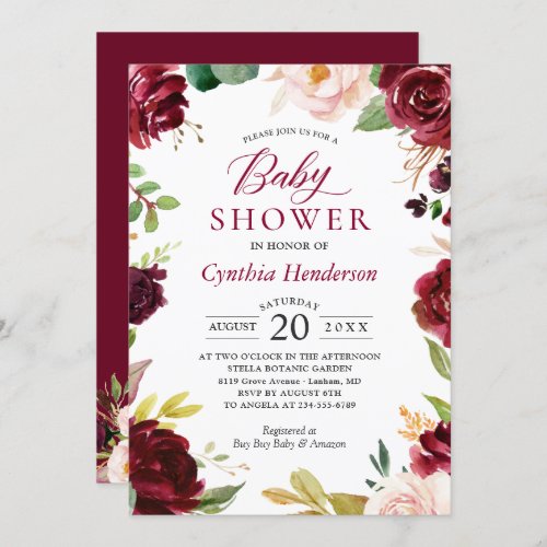 New Lovely Cute Blush Burgundy Floral Baby Shower Invitation