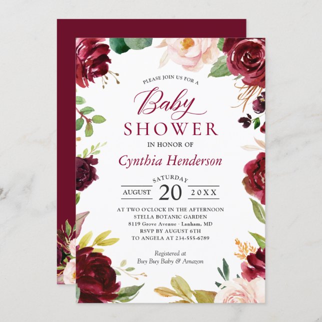 New! Lovely Cute Blush Burgundy Floral Baby Shower Invitation (Front/Back)