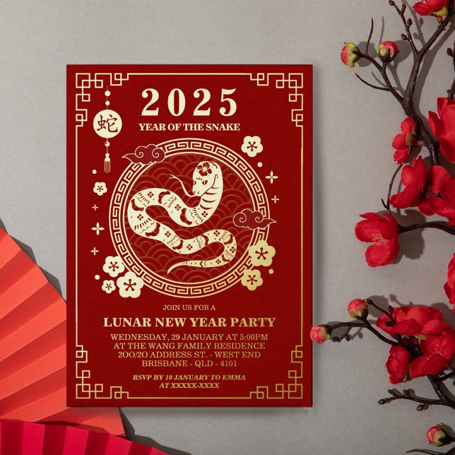 New Lunar Year 2025 - Year of the Snake - 新年 Foil Holiday Card (Mark the Lunar Year 2025 with this elegant red and gold real foil invitation.)