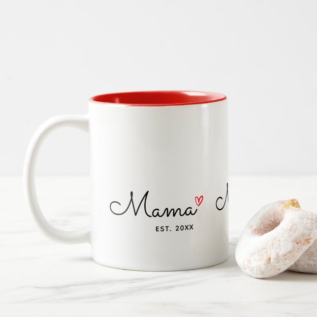 New Mama Established Script Red Heart  Two-Tone Coffee Mug (With Donut)