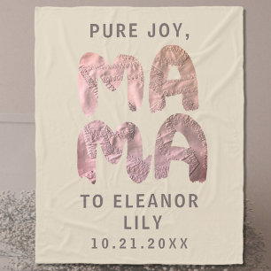 New Mama Whimsical Beige Pink Newborn Name Date Fleece Blanket