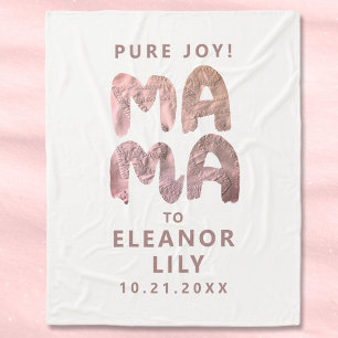 New Mama Whimsical White Pink Name Date Newborn Fleece Blanket