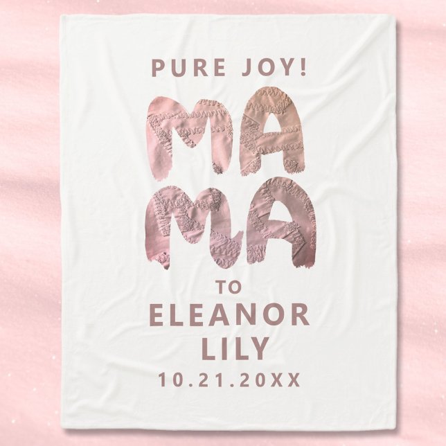 New Mama Whimsical White Pink Name Date Newborn  Fleece Blanket (Mew Mama personalized gift)