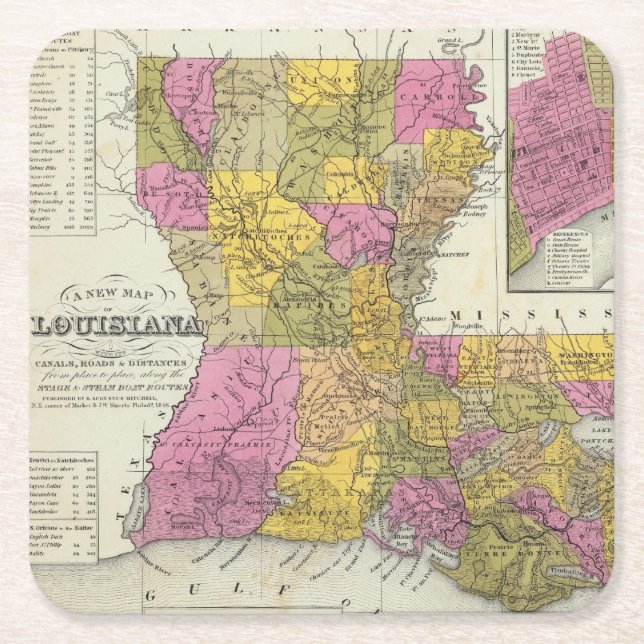 New Map Of Louisiana 3 Square Paper Coaster (Front)