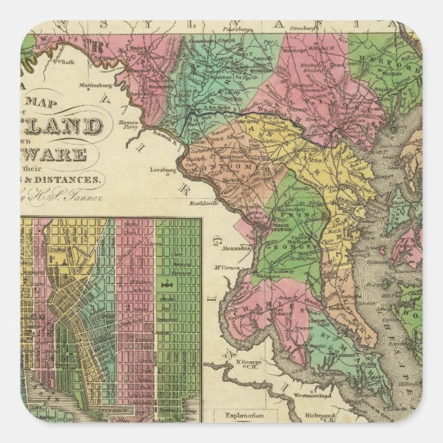 New Map Of Maryland and Delaware 2 Square Sticker (Front)