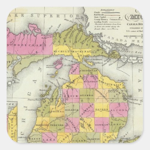 New Map Of Michigan 2 Square Sticker