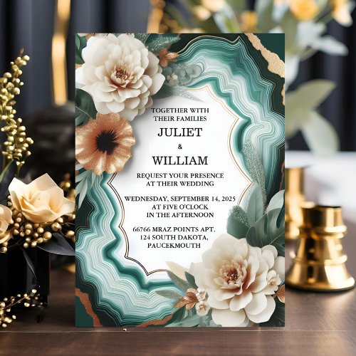 New Marble Monstera Emerald Green And Gold Wedding Invitation