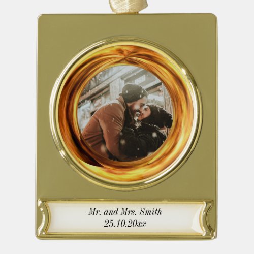 New married couple golden ring and new year cerami gold plated banner ornament